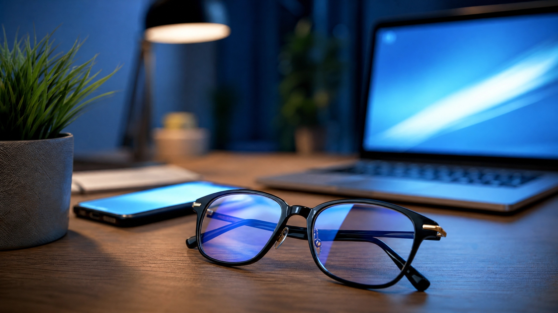  Modern workspace with blue-light-filtering glasses, a glowing smartphone, and a laptop screen representing digital eye strain protection.